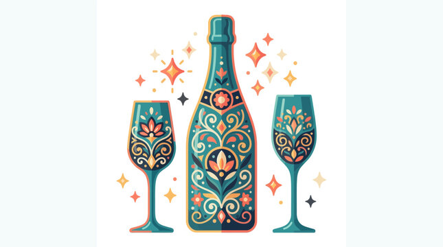 Ornate wine bottle and glasses with floral patterns