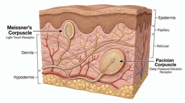 Anatomical cross section of human skin showing sensory receptors and layers