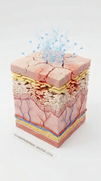 Medical 3D cross section of human skin showing transepidermal water loss