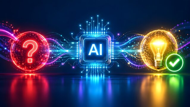 Artificial Intelligence Question and Answer Concept with Glowing AI Chip and Bulb