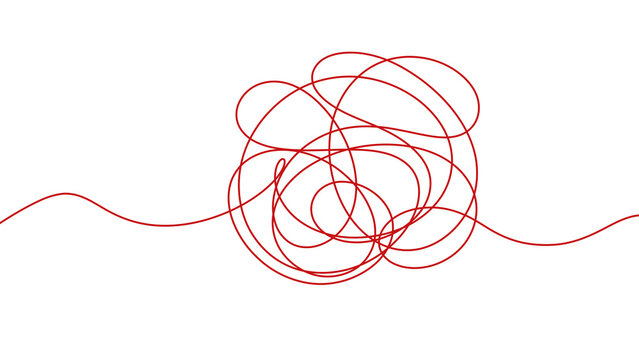 Single red tangled scribble line on transparent background representing mental health, confusion, chaos, brainstorming, and finding a solution to complex problems.
