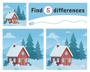 Obraz premium Find differences children play template. Winter landscape with cozy cottage in forest. House, snow and nature, tree and bushes. Educational game, vector design