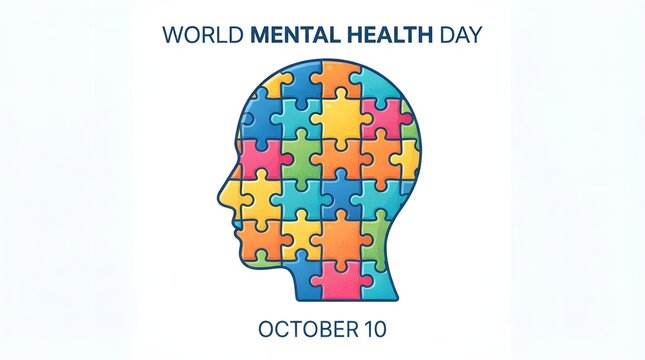A colorful human head silhouette made of puzzle pieces representing the importance of world mental health day observed annually on the tenth day of october