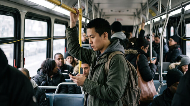 Young man standing and holding handrail strap on a crowded public bus while checking his smartphone during morning commute. Urban public transport lifestyle.
