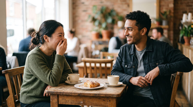 Happy young couple sitting across each other at a cozy caf&eacute; table, enjoying coffee, dessert, and a cheerful conversation. Romantic date and relationship.