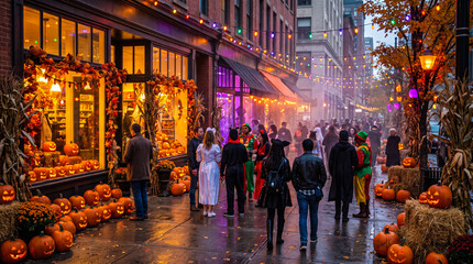 Obraz premium People in costumes walking on decorated city street during Halloween autumn festival with glowing pumpkins and string lights