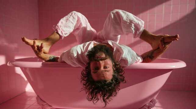 Eccentric Man Lying Upside Down in Pink Bathtub