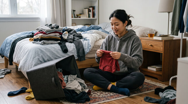 Asian woman sitting on the floor in her bedroom surrounded by piles of unwashed and washed laundry, folding a red shirt. Home chores concept.