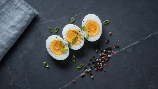 Three perfectly halved hard-boiled eggs, garnished with green onions and pepper, on a dark stone surface. Perfect for healthy breakfast, protein, or dietary content.