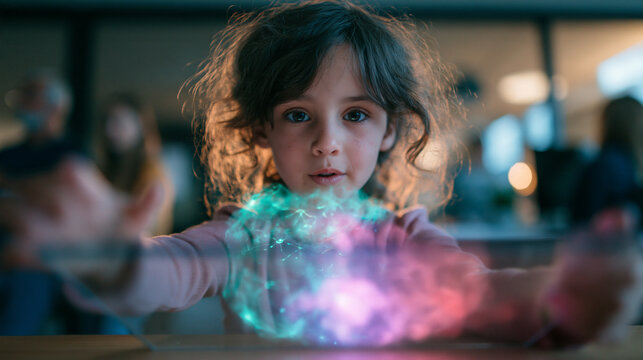 Curious Girl Interacting with Glowing Futuristic Hologram