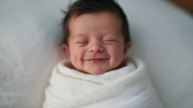 Adorable Newborn Baby Smiling While Sleeping Swaddled in Blanket