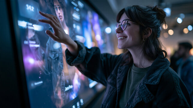 Young Woman Interacting with Large Interactive Touchscreen Display