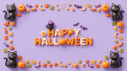 Fototapeta premium Cute cartoon happy halloween message with cats and candy on a cheerful light purple flat layout