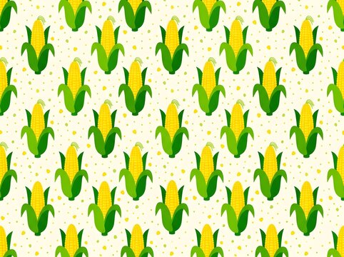 Seamless pattern of yellow corn on the cob with green husks with maize