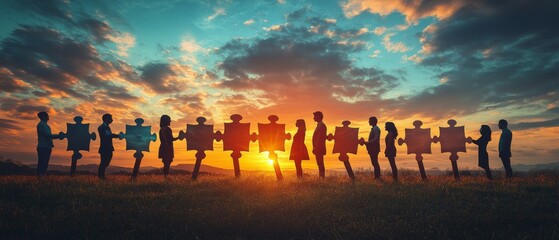 Fototapeta premium Silhouettes of people holding puzzle pieces in a line against a sunset background.
