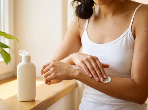 Young woman applying sunscreen to her arm in bright light, illustrating a daily skincare routine and preventative sun protection.