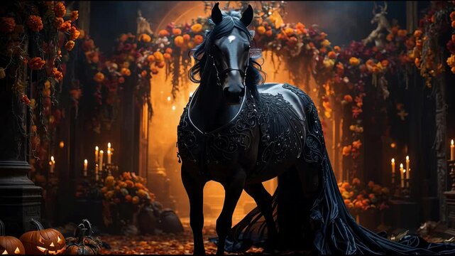 Majestic trotter horse on dark scary Halloween background pumpkin AI Generative