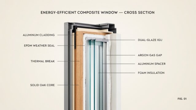 Cross section diagram of an energy-efficient composite window with labeled components. Useful for sustainable construction, architectural design, and home improvement infographics.