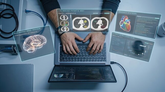 Advanced enterprise AI deployment concept with hands operating laptop amidst floating holographic intelligence dashboards, Gen by AI