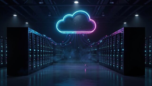 Neon cloud connects servers in a dark data center, symbolizing cloud computing and data transfer. Concept for technology and digital storage.
