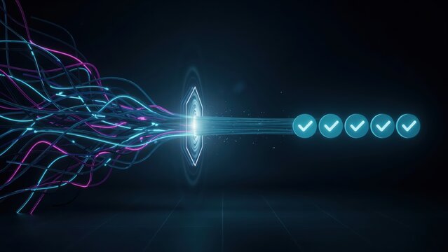 Abstract fiber optic cables funnel data through a glowing gate into checkmark icons. Represents digital processing, verification, and efficiency in modern technology concepts.