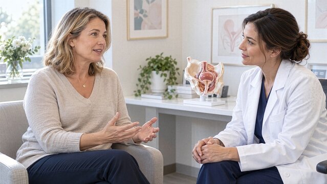Private consultation highlights incontinence, menopause and bladder symptoms, creating supportive women health concept around pelvic floor care after 40.