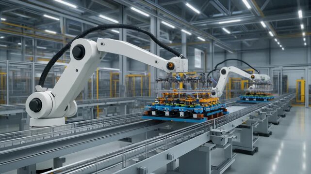 Industrial robot arm precisely places packages onto conveyor belt in a modern factory setting