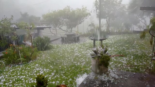 Close-up of a dangerous hailstorm with strong winds. Severe weather accelerated by climate change.