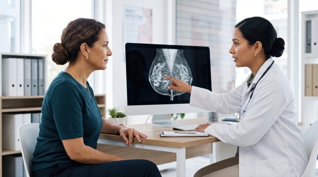 Doctor and patient review screening images together, creating clear concept for mammography follow up, preventive women health and healthy aging after 50.