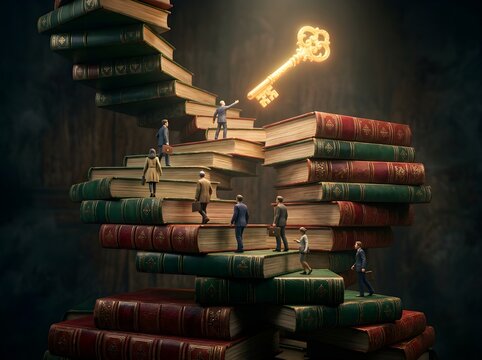 Business people climbing a spiral staircase made of old books