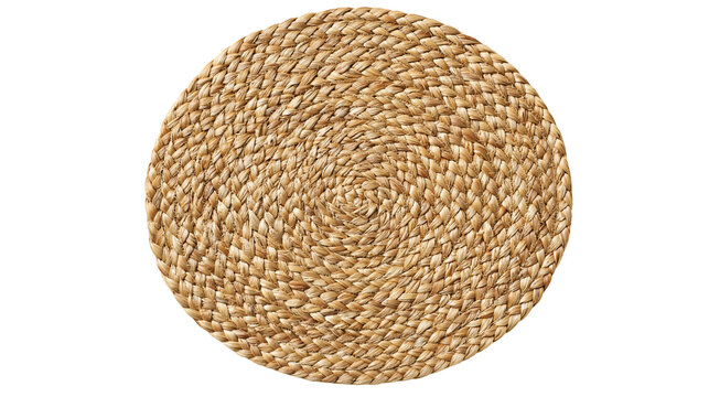 Round woven seagrass placemat with natural texture and braided pattern