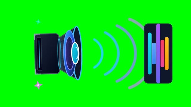 Animated audio speaker transmitting sound waves to a smartphone with equalizer