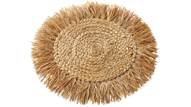 Round woven straw coaster with fringed edges and braided texture