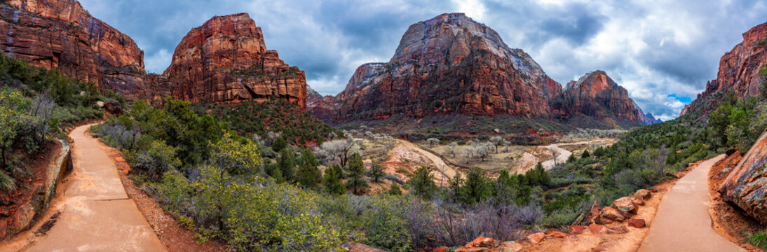 Panorama of hiking trail to Angels Landing viewpoint, Utah, USA