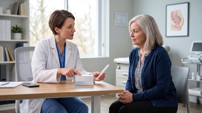 Female doctor explains generic local treatment options to mature patient, showing vaginal health counseling and menopause support in respectful clinical setting.