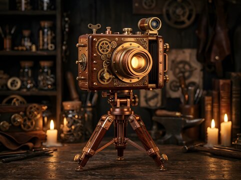 Vintage steampunk style camera mounted on a wooden tripod on table