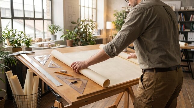 Architect unrolls blueprint plans on a wooden drafting table in a studio.