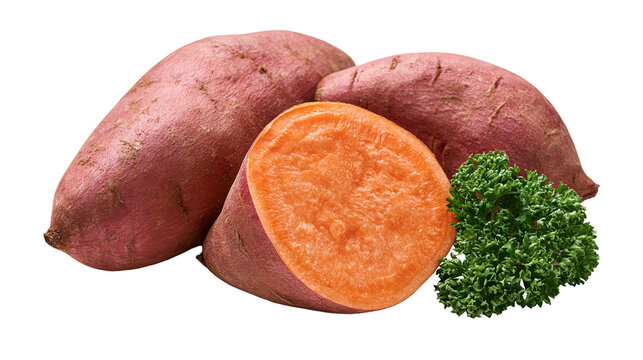 Whole and sliced raw sweet potatoes with fresh green parsley garnish