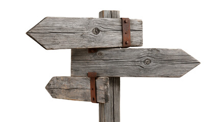 Weathered wooden directional signpost with three rustic planks and metal brackets © Elowen