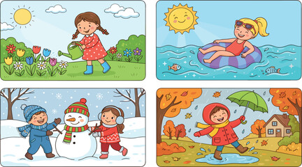 Fototapeta premium Cute Four Seasons Activities Vector Illustration Set with Happy Children Enjoying Spring Flowers, Summer Swimming, Winter Snowman, and Autumn Rain