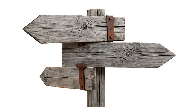 Weathered wooden directional signpost with three rustic planks and metal brackets