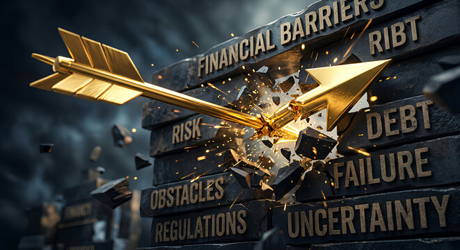 Golden arrow shattering a dark stone wall engraved with financial barriers, risk, debt, failure, and uncertainty. Conceptual business breakthrough and overcoming economic obstacles.