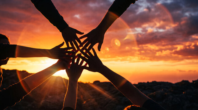 Group of hands touching in teamwork gesture against vibrant sunset sky