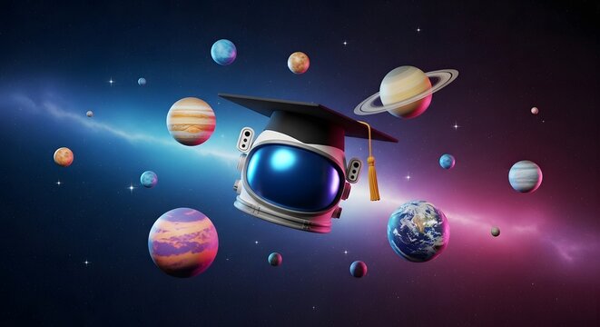 Astronaut helmet wearing graduation cap floating in space with glowing colorful planets