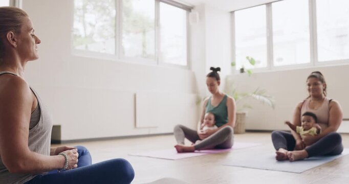 Yoga, baby and breathing with women in class for balance, maternal connection and mindfulness. Pregnancy wellness, mommy and me session with people in studio for relax, child bonding and pilates