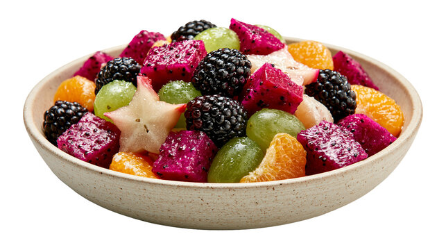 Fresh tropical fruit salad with dragon fruit blackberries, grapes and orange