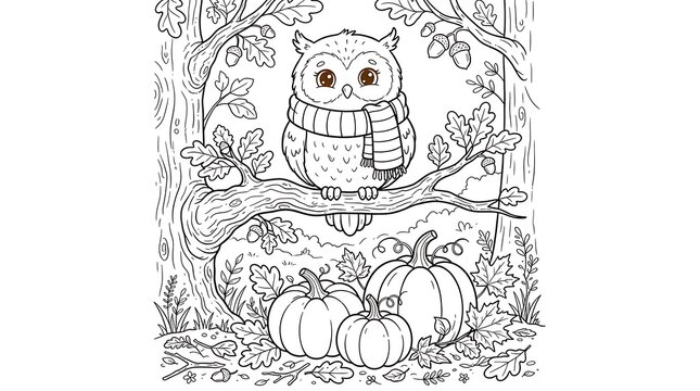 Cute owl in scarf sitting on tree branch with pumpkins coloring page