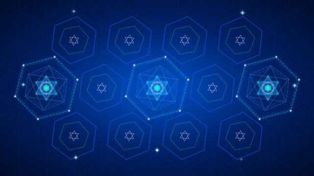 Glowing blue digital technology background with geometric cybernetic shapes expanding across a dark futuristic interface