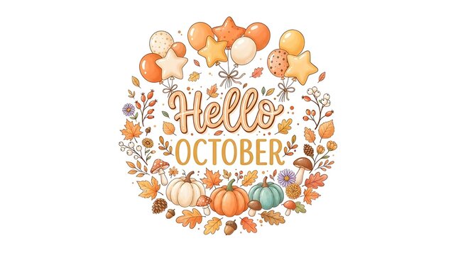 Hello october cute cartoon autumn wreath with balloons