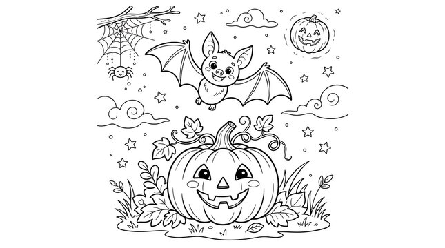 Cute halloween coloring page with a bat and a pumpkin